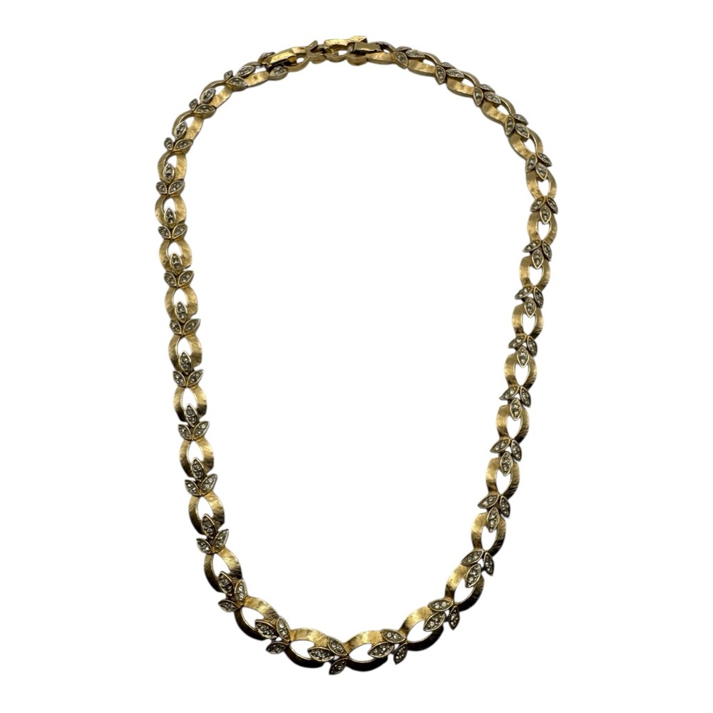 Vintage Gold-Tone Leaf Link Necklace with Rhinestones‎ – Signed “4044”